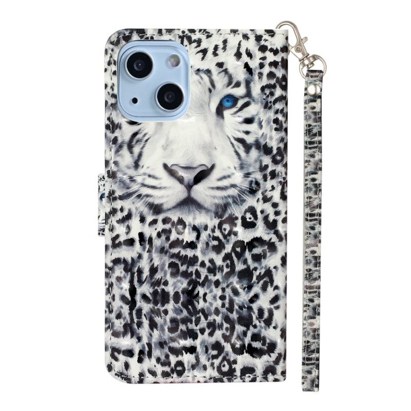 δερματινη θηκη iPhone 15 Plus με κορδονι 3d Leopard Με Λουράκι