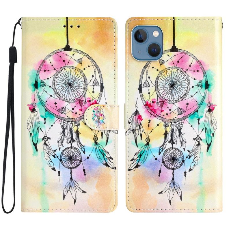 δερματινη θηκη iPhone 15 Plus με κορδονι Ακουαρέλα Dream Catcher Με Λουράκι