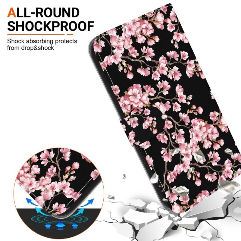 Δερματινη Θηκη Motorola Edge 50 Ultra Plum Blossoms Με Λουράκι Σιλικόνης