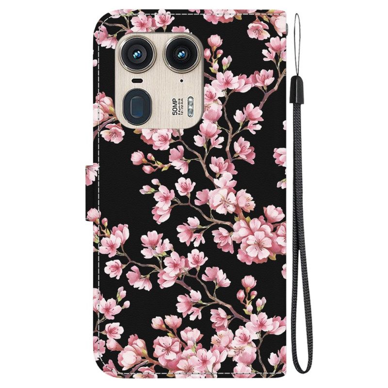 Δερματινη Θηκη Motorola Edge 50 Ultra Plum Blossoms Με Λουράκι Σιλικόνης