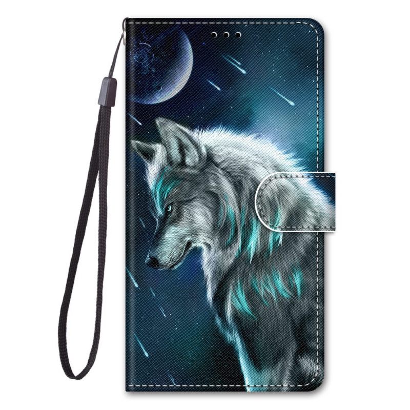 δερματινη θηκη Xiaomi Redmi 10A με κορδονι Strappy Wolf Pattern