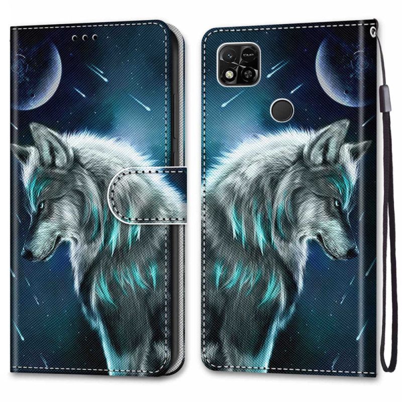 δερματινη θηκη Xiaomi Redmi 10A με κορδονι Strappy Wolf Pattern