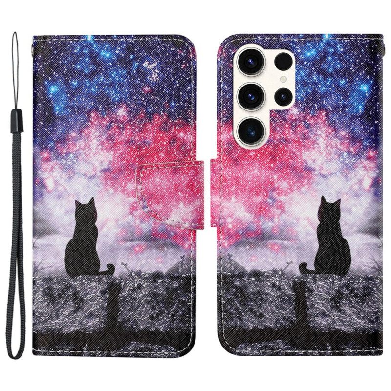 Δερματινη Θηκη Samsung Galaxy S24 Ultra 5g Starry Sky And Lanyard Cat