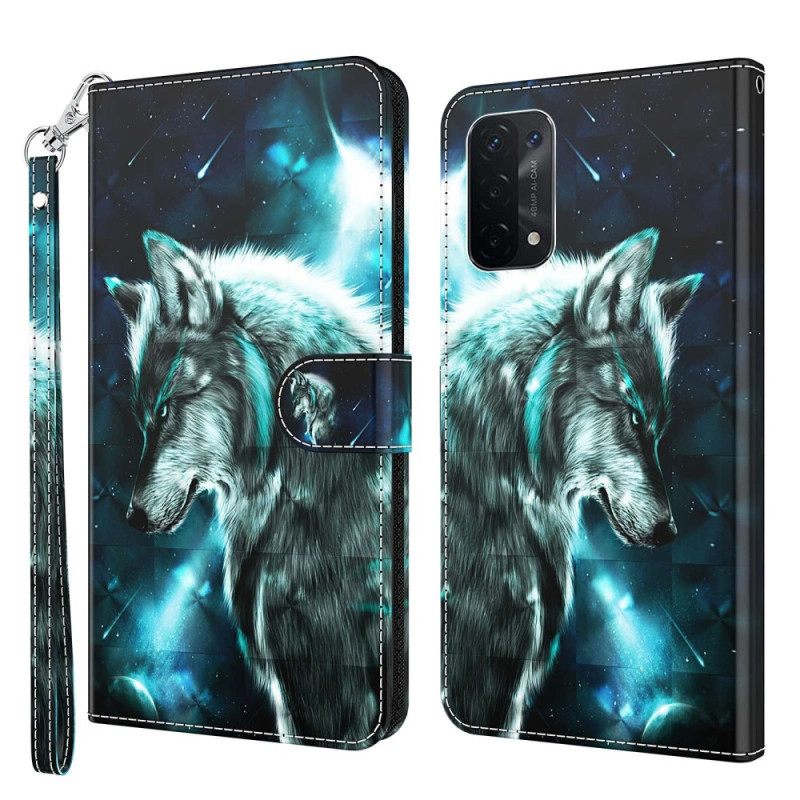 δερματινη θηκη Oppo A54 5G / A74 5G με κορδονι Lanyard Wolf