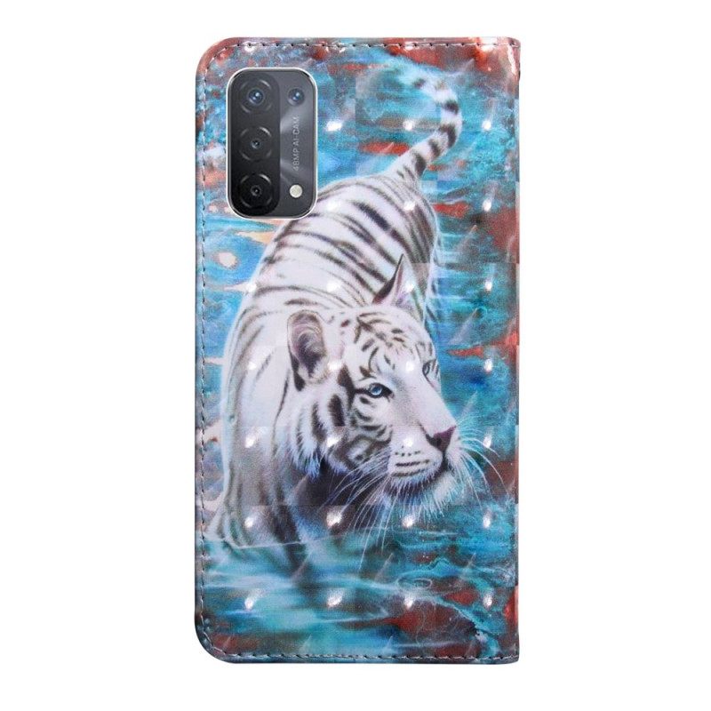 Κάλυμμα Oppo A54 5G / A74 5G Faux Leather Tiger Με Κορδόνι