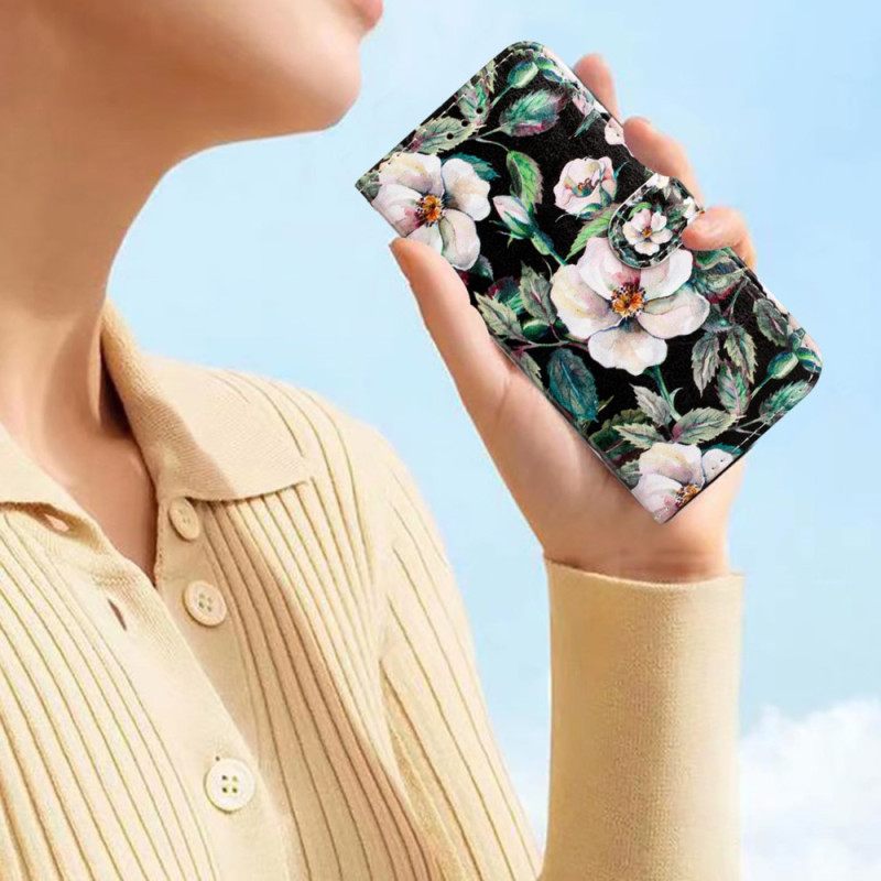 δερματινη θηκη Moto G73 5G με κορδονι Strap Magnolias