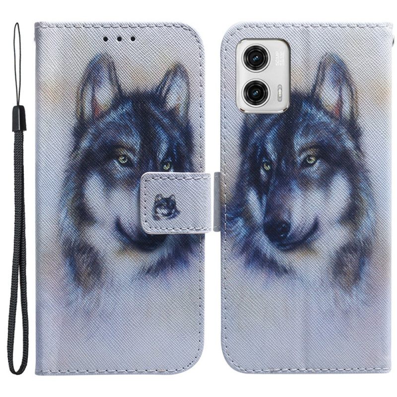 δερματινη θηκη Moto G73 5G με κορδονι Strappy Watercolor Wolf