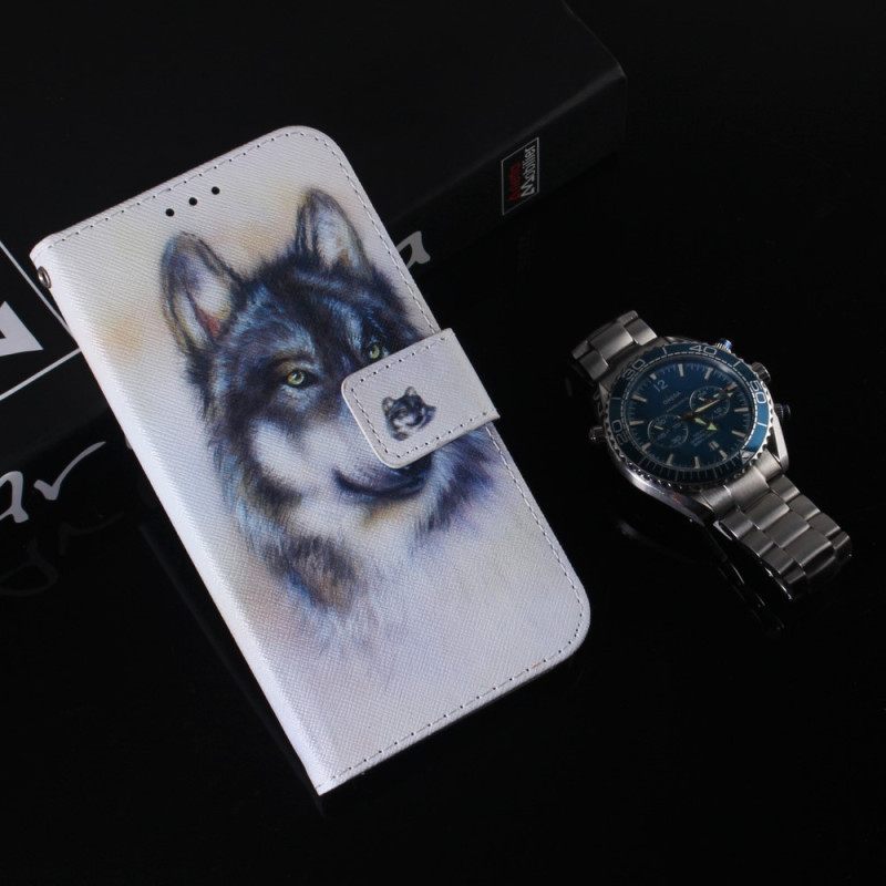 δερματινη θηκη Moto G73 5G με κορδονι Strappy Watercolor Wolf