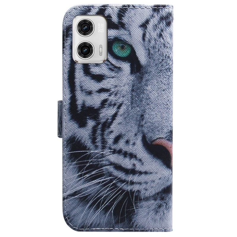 Κάλυμμα Moto G73 5G με κορδονι Strappy White Tiger