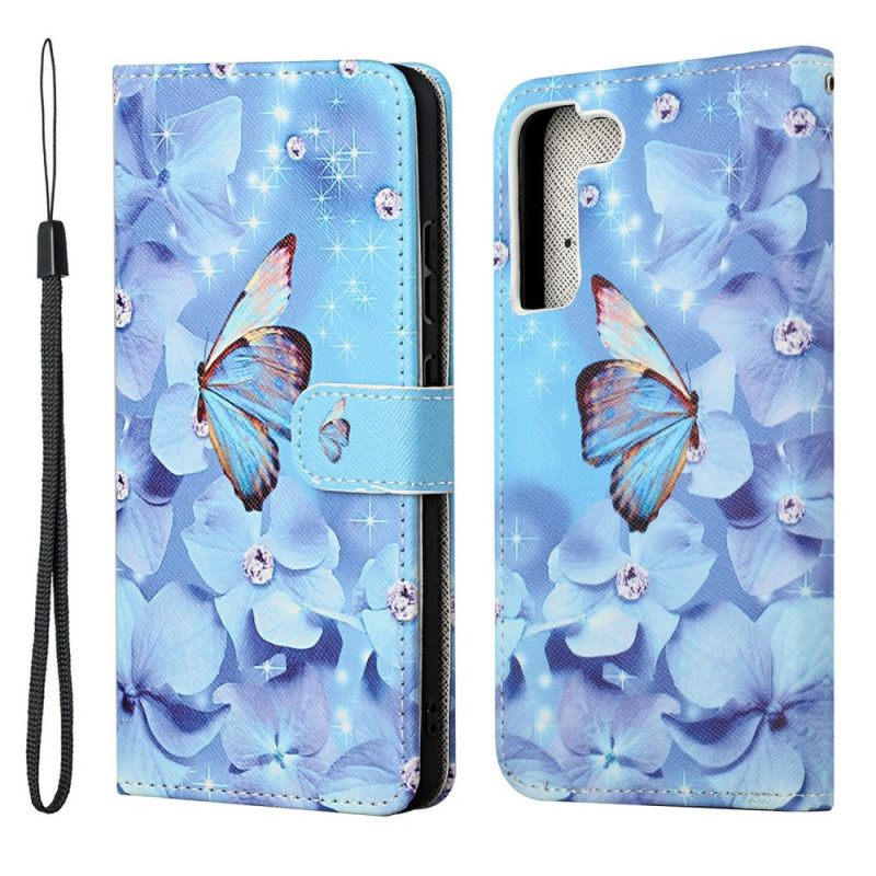 δερματινη θηκη Samsung Galaxy S22 Plus 5G με κορδονι Strappy Diamond Butterflies