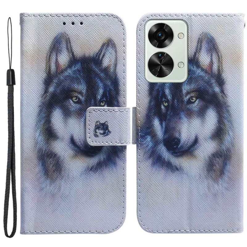 Θήκη Flip OnePlus Nord 2T 5G με κορδονι Strappy Watercolor Wolf