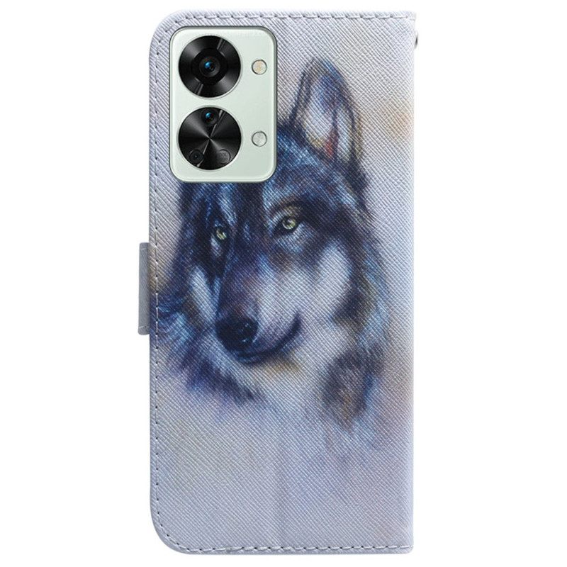 Θήκη Flip OnePlus Nord 2T 5G με κορδονι Strappy Watercolor Wolf