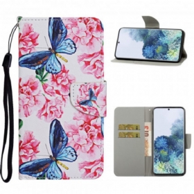 δερματινη θηκη Samsung Galaxy S21 Ultra 5G Πεταλούδες Floral Lanyard