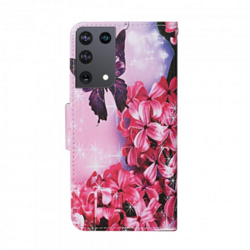 δερματινη θηκη Samsung Galaxy S21 Ultra 5G Πεταλούδες Floral Lanyard