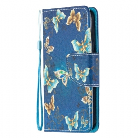 δερματινη θηκη iPhone 12 Mini με κορδονι Μπλε Πεταλούδες Και Λουλούδια Με Λουράκι