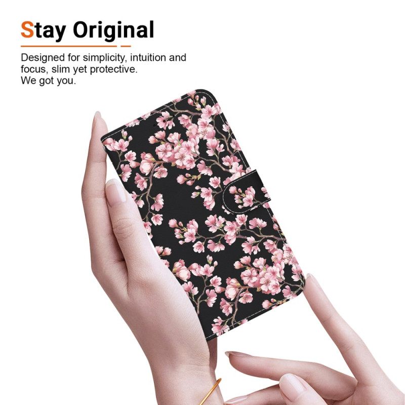 Δερματινη Θηκη Realme 12 / 12x 5g Plum Blossoms Με Λουράκι Σιλικόνης