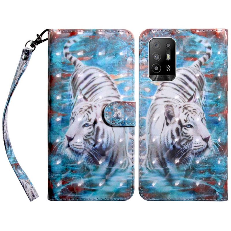 Κάλυμμα Oppo A94 5G Faux Leather Tiger Με Κορδόνι