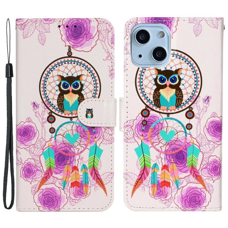 δερματινη θηκη iPhone 13 Mini με κορδονι Strappy Owl Mandala