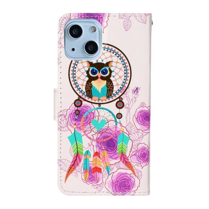 δερματινη θηκη iPhone 13 Mini με κορδονι Strappy Owl Mandala