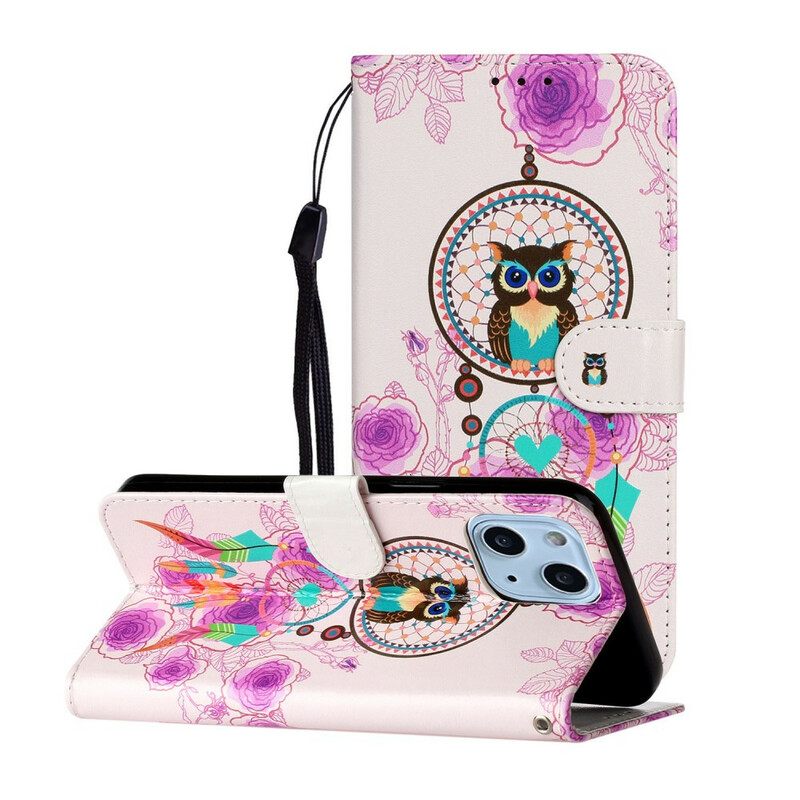 δερματινη θηκη iPhone 13 Mini με κορδονι Strappy Owl Mandala