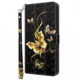 Θήκη Flip Samsung Galaxy S23 5G με κορδονι Πεταλούδες Χρυσό Λουράκι