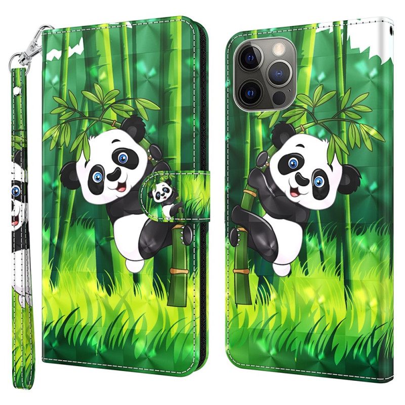 Θήκη Flip iPhone 15 Pro με κορδονι 3d Bamboo Panda Με Λουράκι