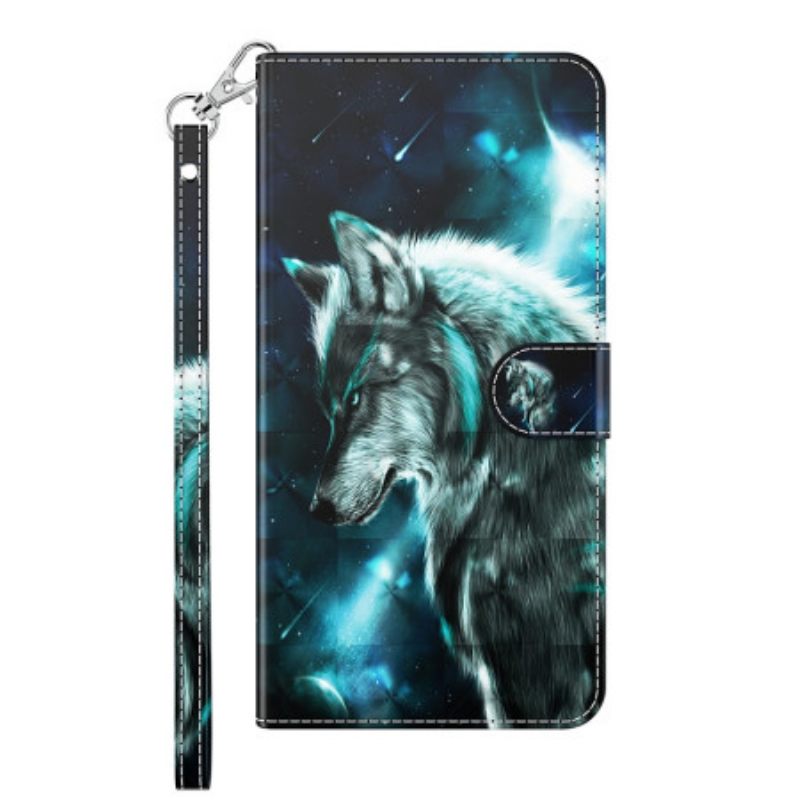 Θήκη Flip Xiaomi Redmi 10C με κορδονι Lanyard Wolf