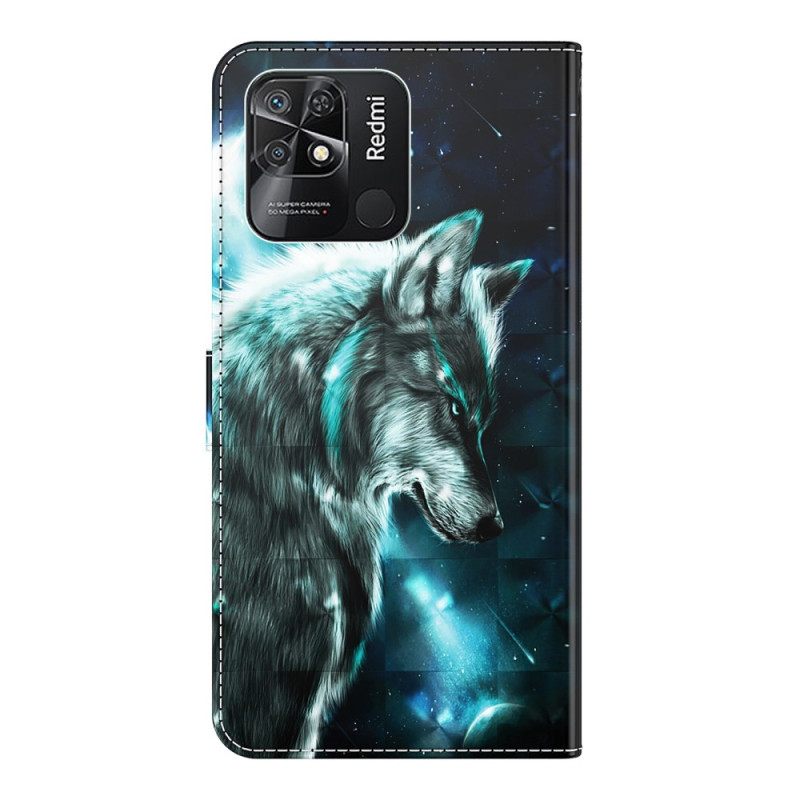 Θήκη Flip Xiaomi Redmi 10C με κορδονι Lanyard Wolf