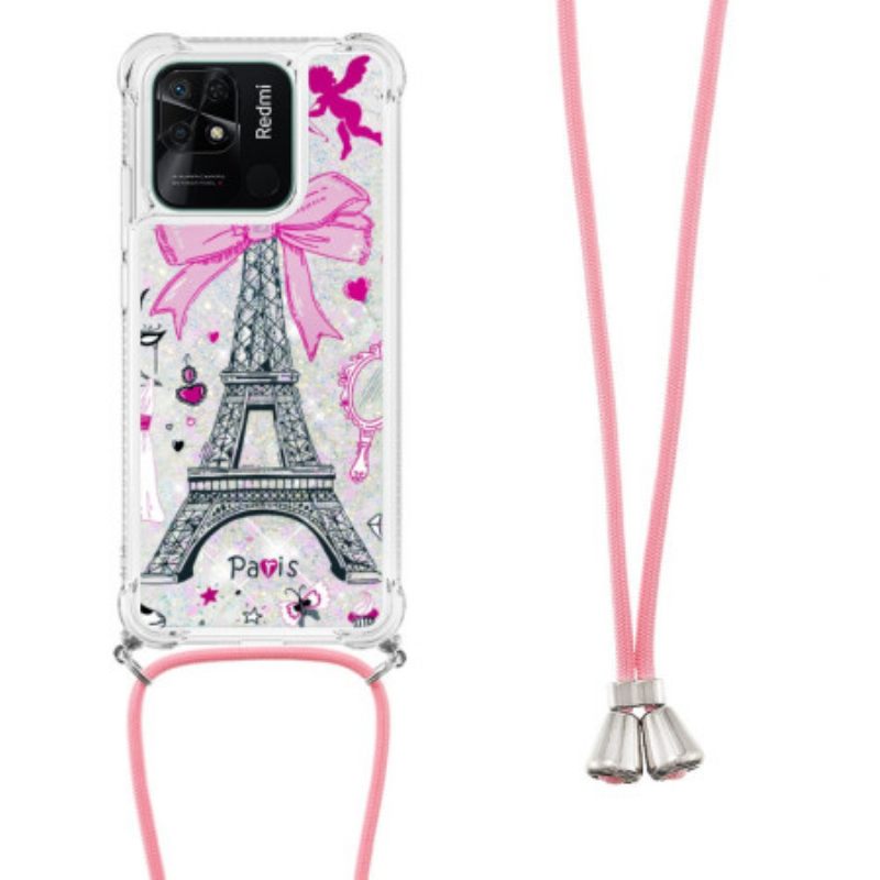 θηκη κινητου Xiaomi Redmi 10C με κορδονι Eiffel Tower Glitter Κορδόνι