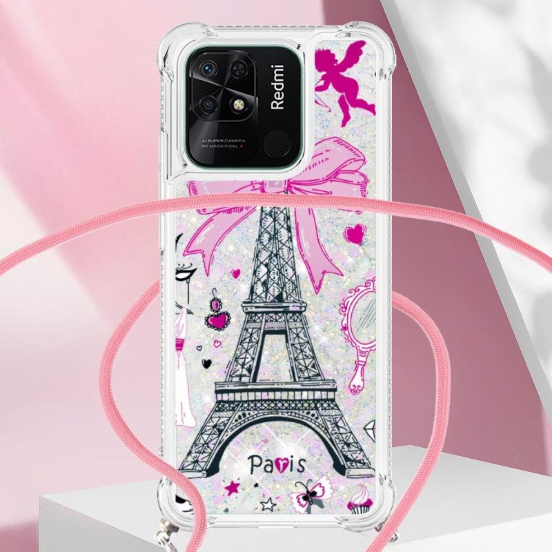 θηκη κινητου Xiaomi Redmi 10C με κορδονι Eiffel Tower Glitter Κορδόνι