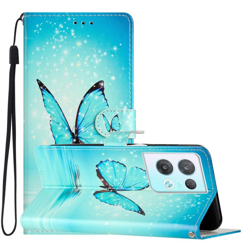 Κάλυμμα Oppo Reno 8 Pro με κορδονι Μπλε Πεταλούδες Με Λουράκι