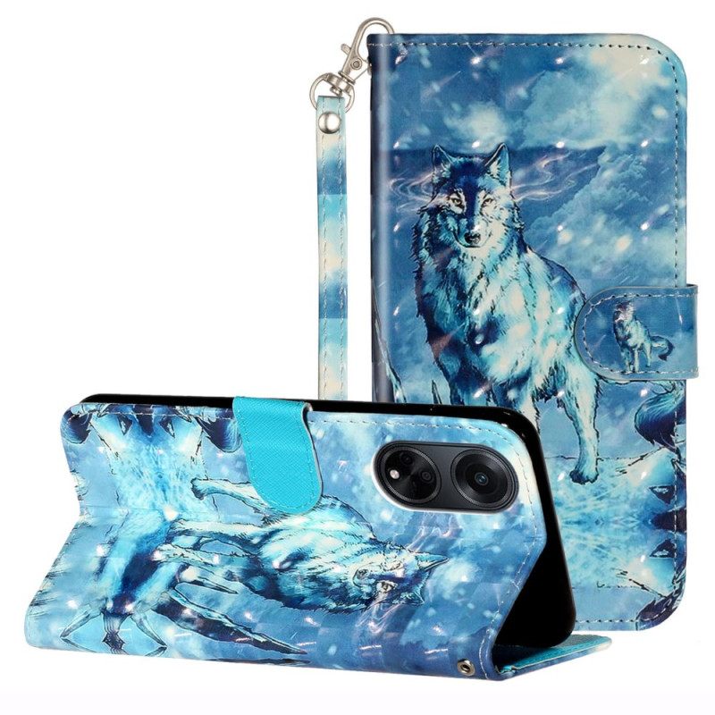 Δερματινη Θηκη Oppo A98 5g 3d Snow Wolf Με Λουράκι