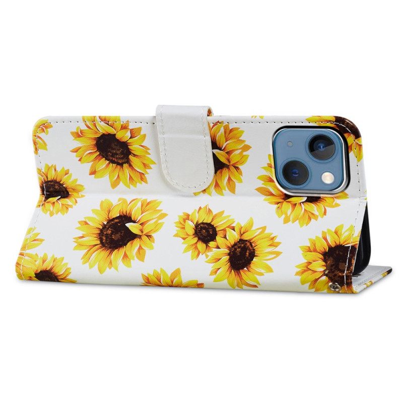 δερματινη θηκη iPhone 15 με κορδονι Strap Sunflowers