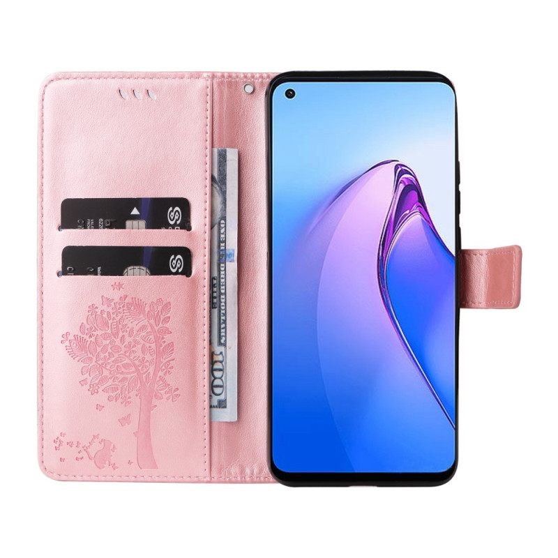 Θήκη Flip Oppo Reno 8 με κορδονι Δέντρο Και Strappy Cat