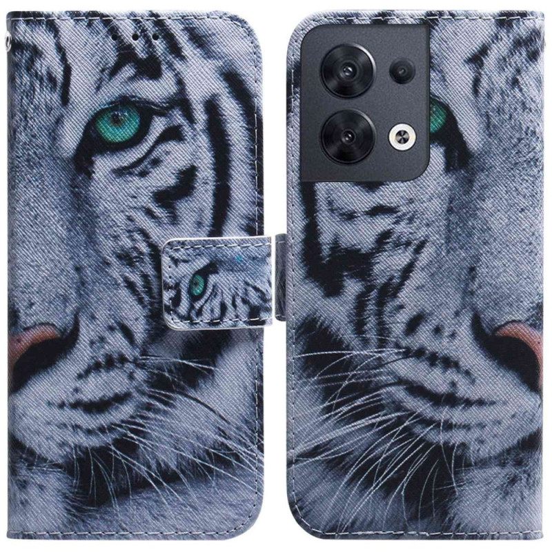 Θήκη Flip Oppo Reno 8 με κορδονι Strappy White Tiger