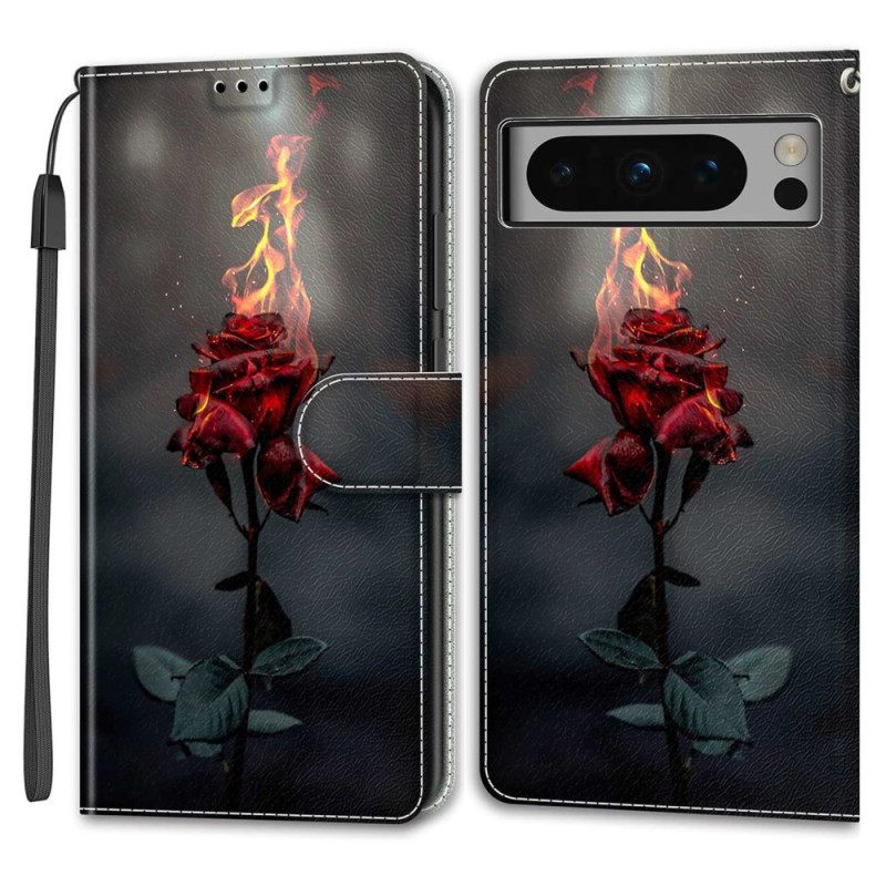 Δερματινη Θηκη Google Pixel 8 Pro Rose On Fire With Strap