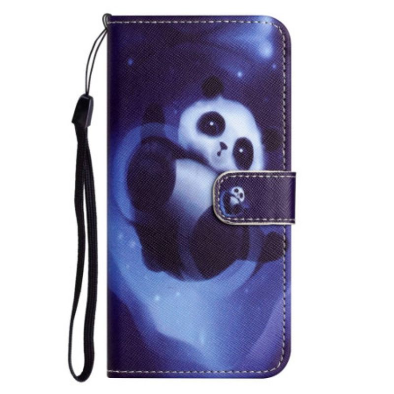 Θήκη Flip iPhone 14 Plus με κορδονι Panda Στο Διάστημα Με Κορδόνι