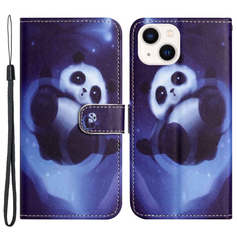 Θήκη Flip iPhone 14 Plus με κορδονι Panda Στο Διάστημα Με Κορδόνι