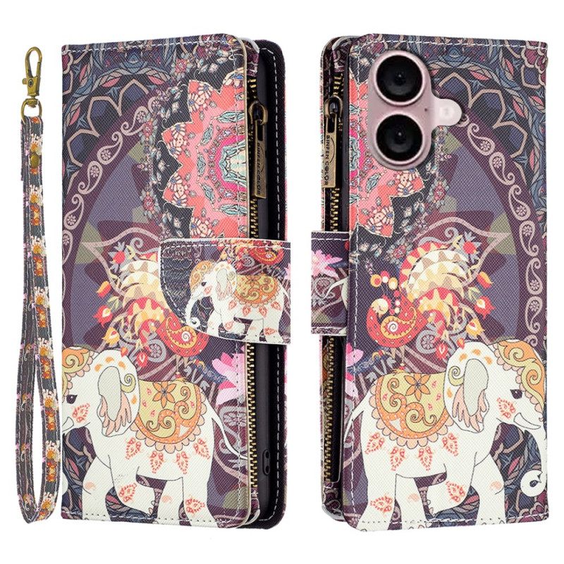 Δερματινη Θηκη iPhone 16 Plus Tribal Elephant Wallet With Strap