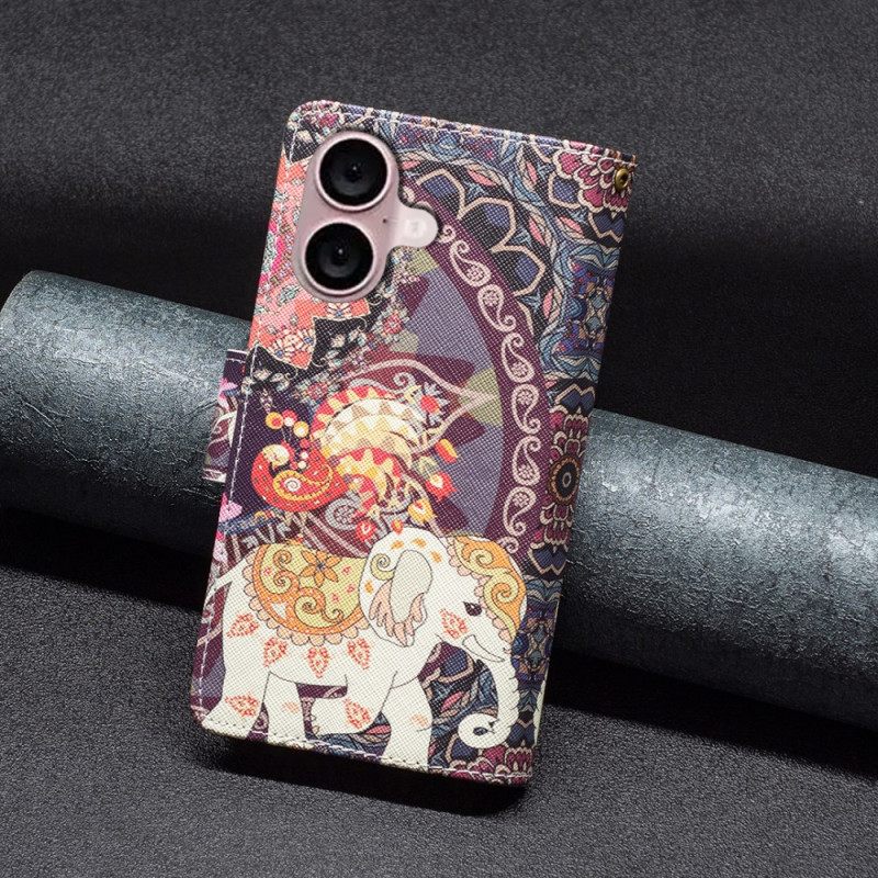 Δερματινη Θηκη iPhone 16 Plus Tribal Elephant Wallet With Strap