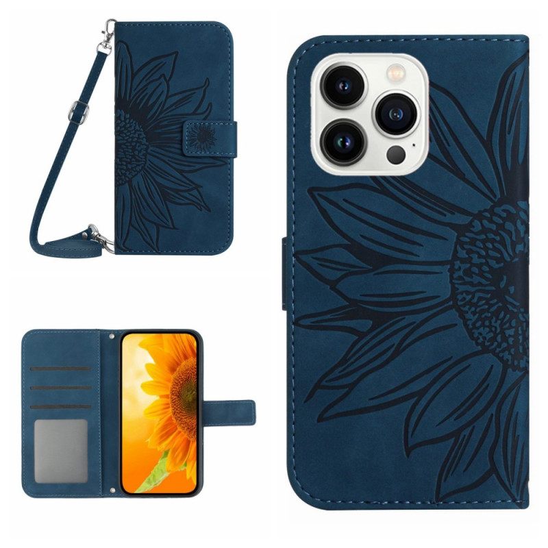 Δερματινη Θηκη iPhone 16 Pro Sunflower Print Με Ιμάντα Ώμου