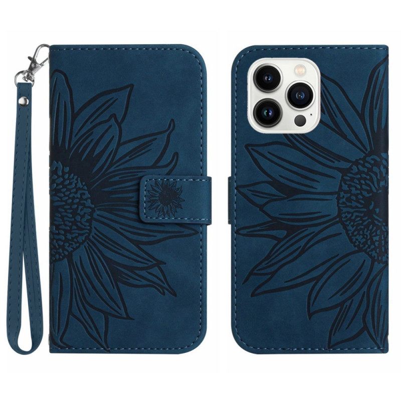 Δερματινη Θηκη iPhone 16 Pro Sunflower Print Με Λουράκι Σιλικόνης