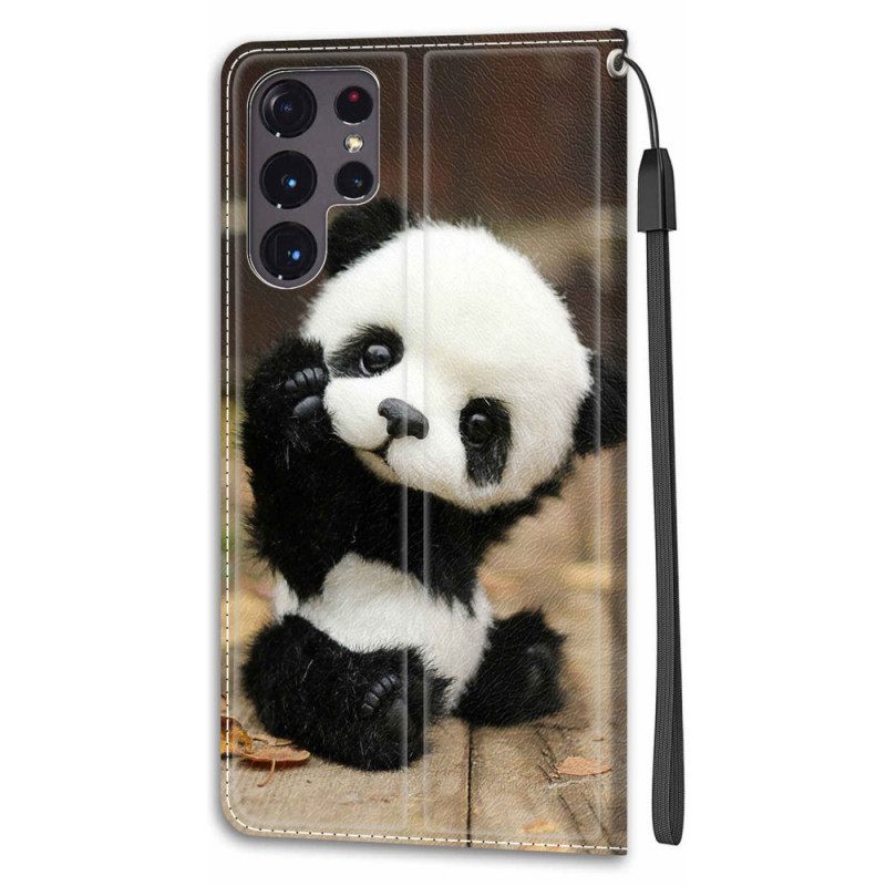 δερματινη θηκη Samsung Galaxy S22 Ultra 5G με κορδονι Παίξτε Little Panda Με Strap