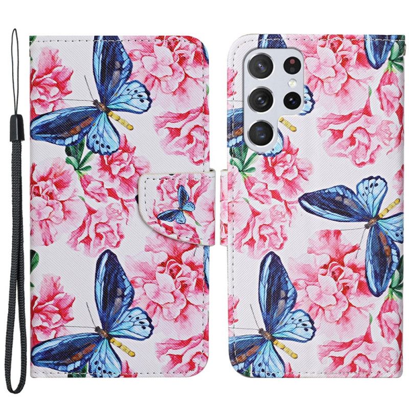 δερματινη θηκη Samsung Galaxy S22 Ultra 5G Πεταλούδες Floral Lanyard