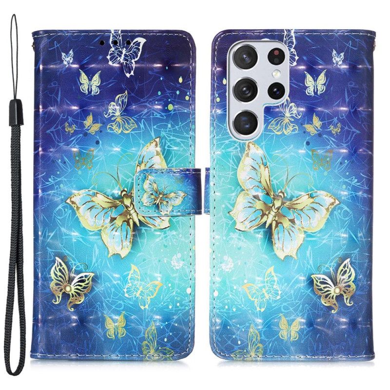 Θήκη Flip Samsung Galaxy S22 Ultra 5G Κορδόνι Golden Butterflies