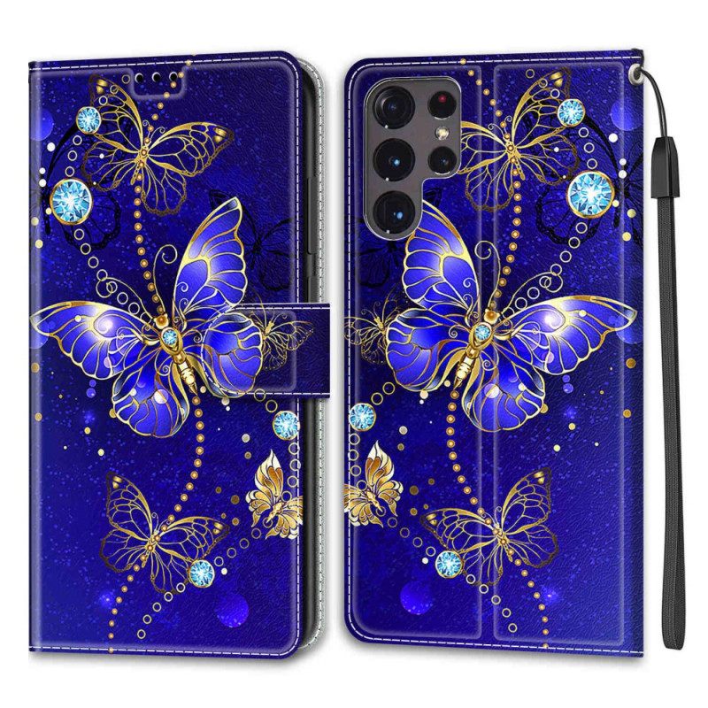 Θήκη Flip Samsung Galaxy S22 Ultra 5G με κορδονι Ανεμιστήρας Strap Butterflies