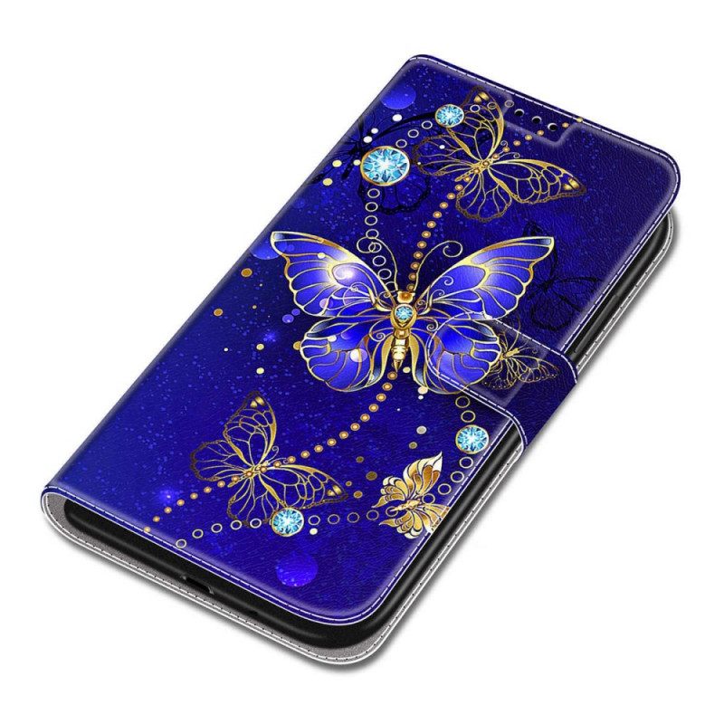 Θήκη Flip Samsung Galaxy S22 Ultra 5G με κορδονι Ανεμιστήρας Strap Butterflies