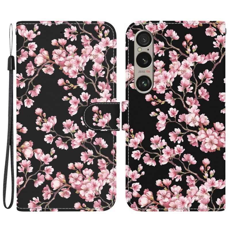 Δερματινη Θηκη Sony Xperia 1 Vi Plum Blossoms Με Λουράκι